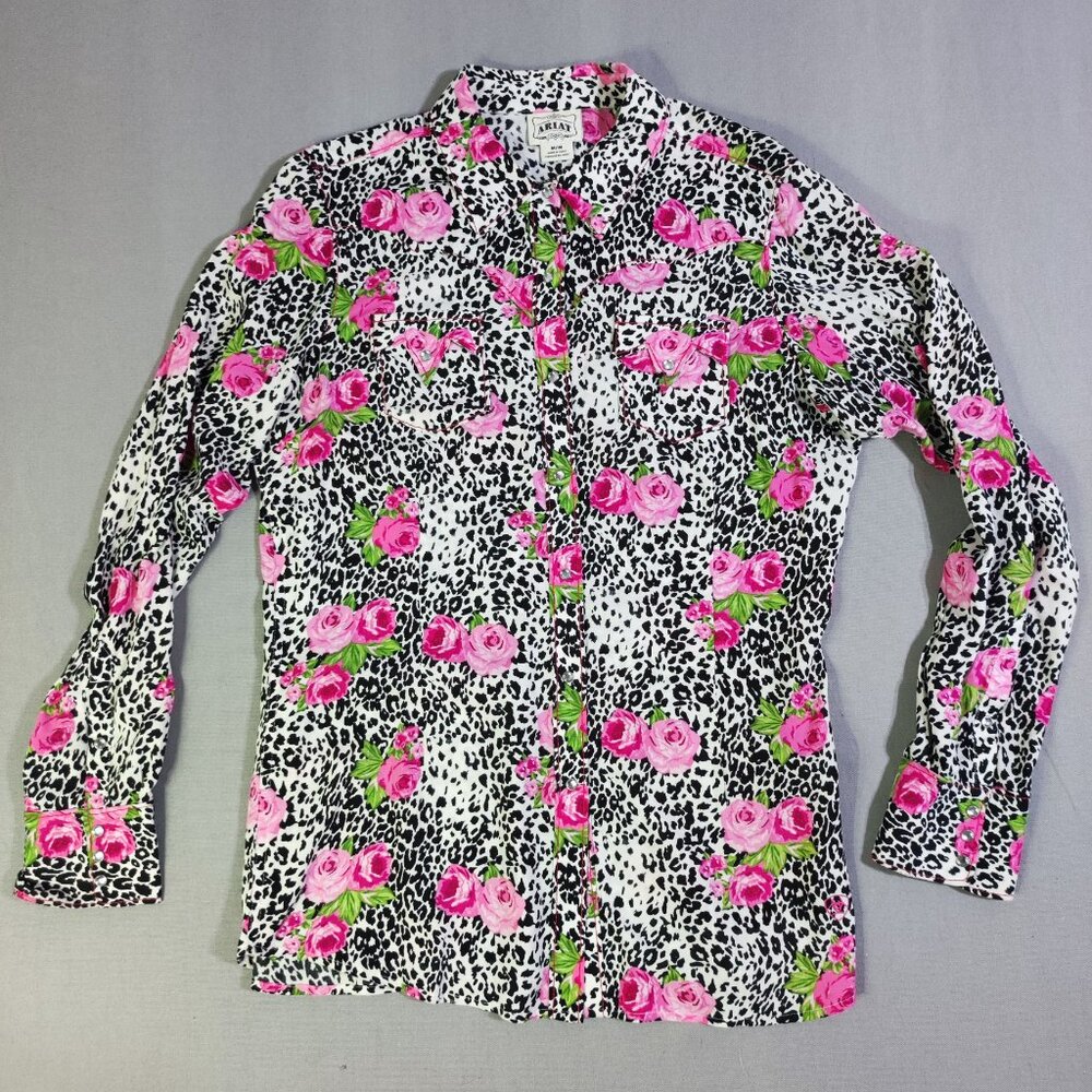 Ariat western shirt women's size M white & black with pink floral design